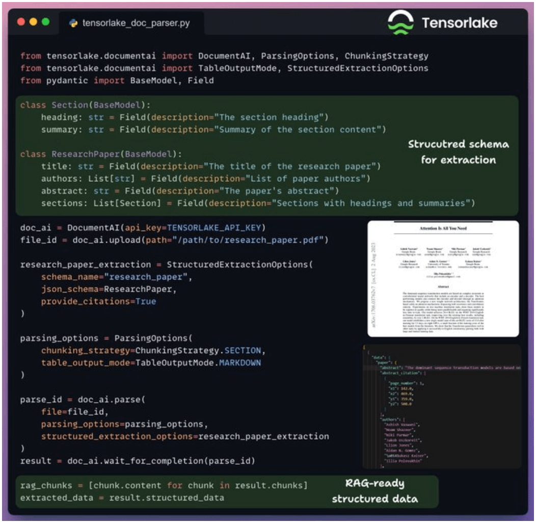 Tensorlake turns source documents into RAG-ready markdown chunks per section.