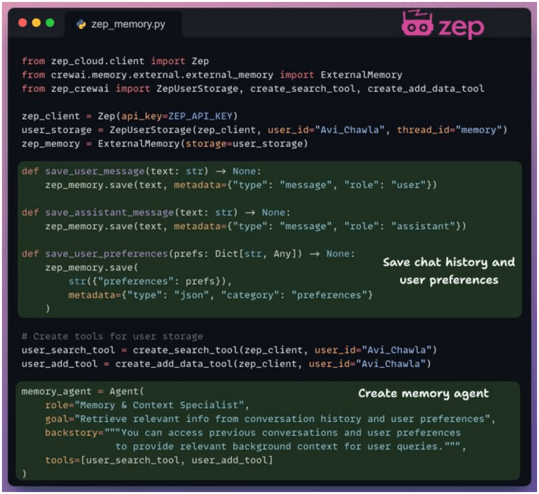 Memory layer: Zep builds temporal knowledge graphs over chat and user data.