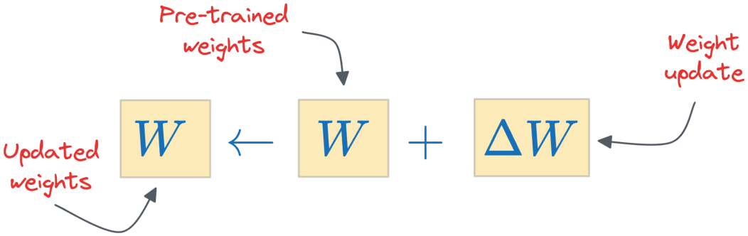 Fine-tuning adds an update ΔW to frozen pretrained W.